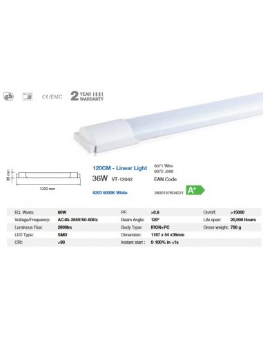 36W 120cm LED Tube Fitting With Tube 6000K blanca (tubo+soporte continuo)